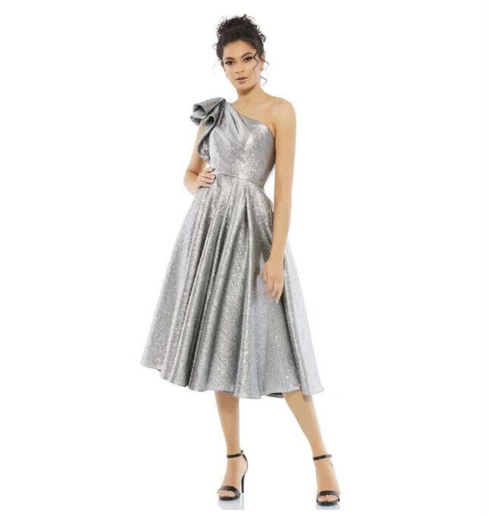 Mac Duggal Silver One Shoulder Bow Midi Dress 67906 Size 8 NWT